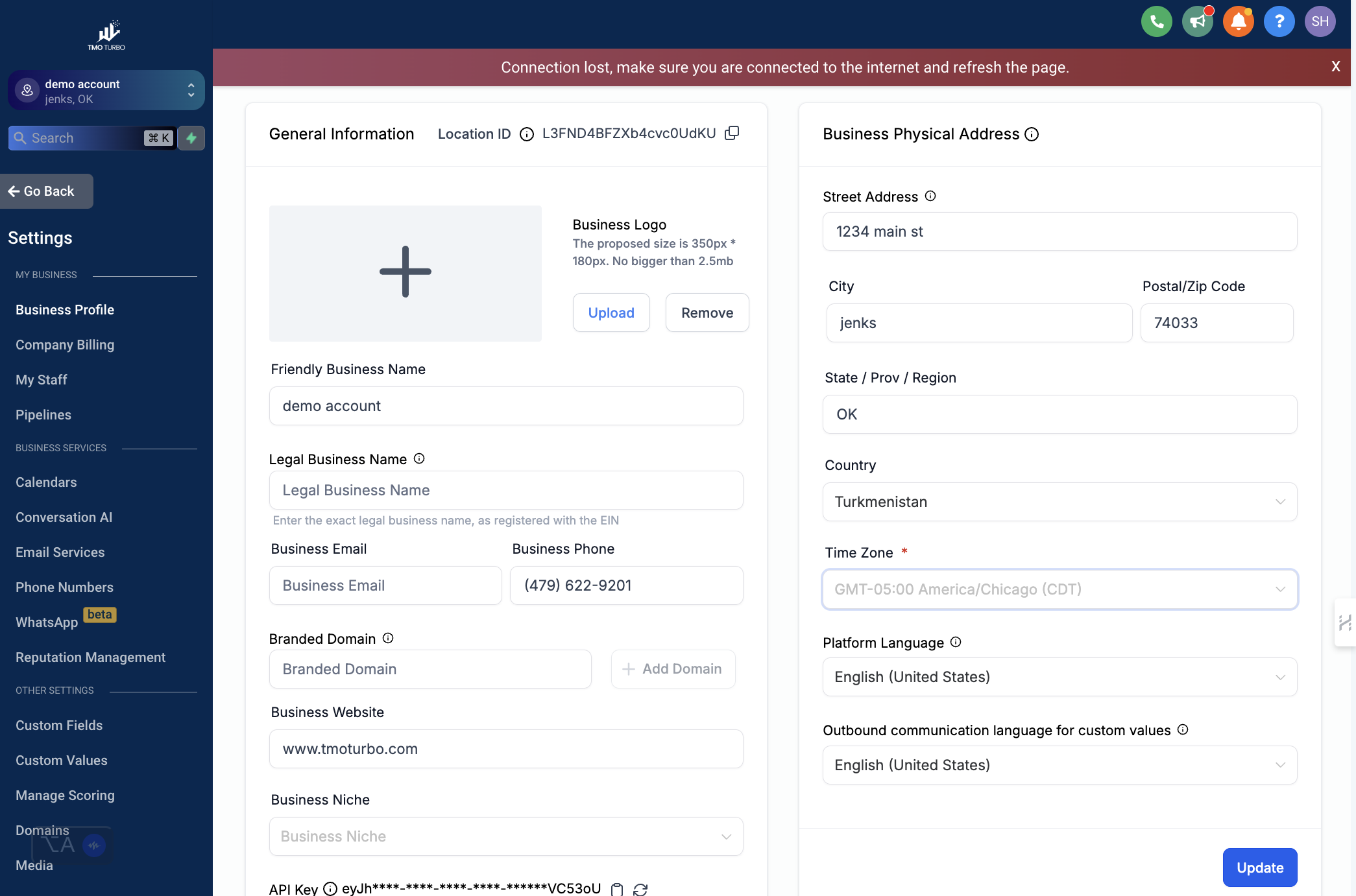 Fill out all your business details. Add Your company logo if you have one.