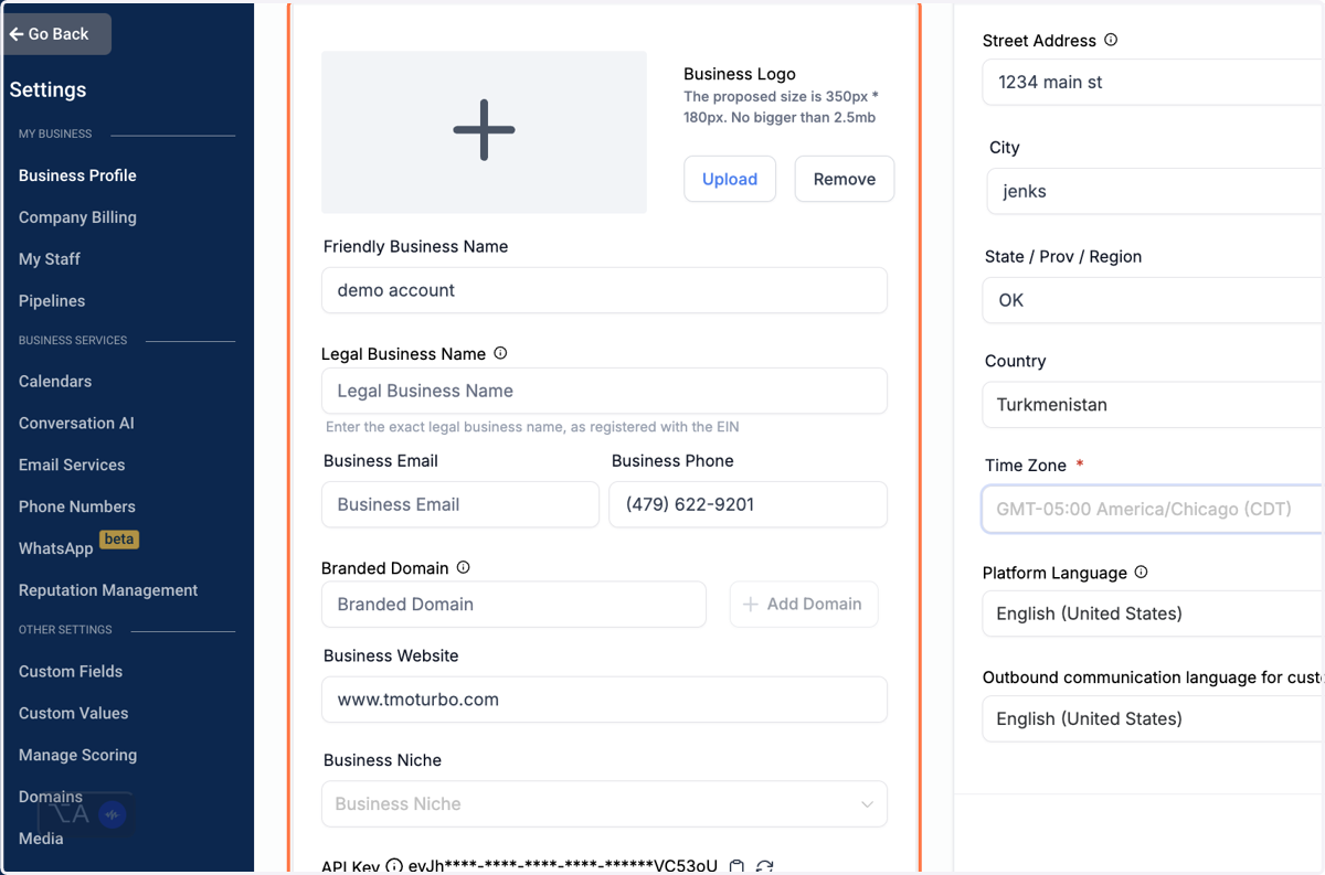 Fill out all your business details. Add Your company logo if you have one.