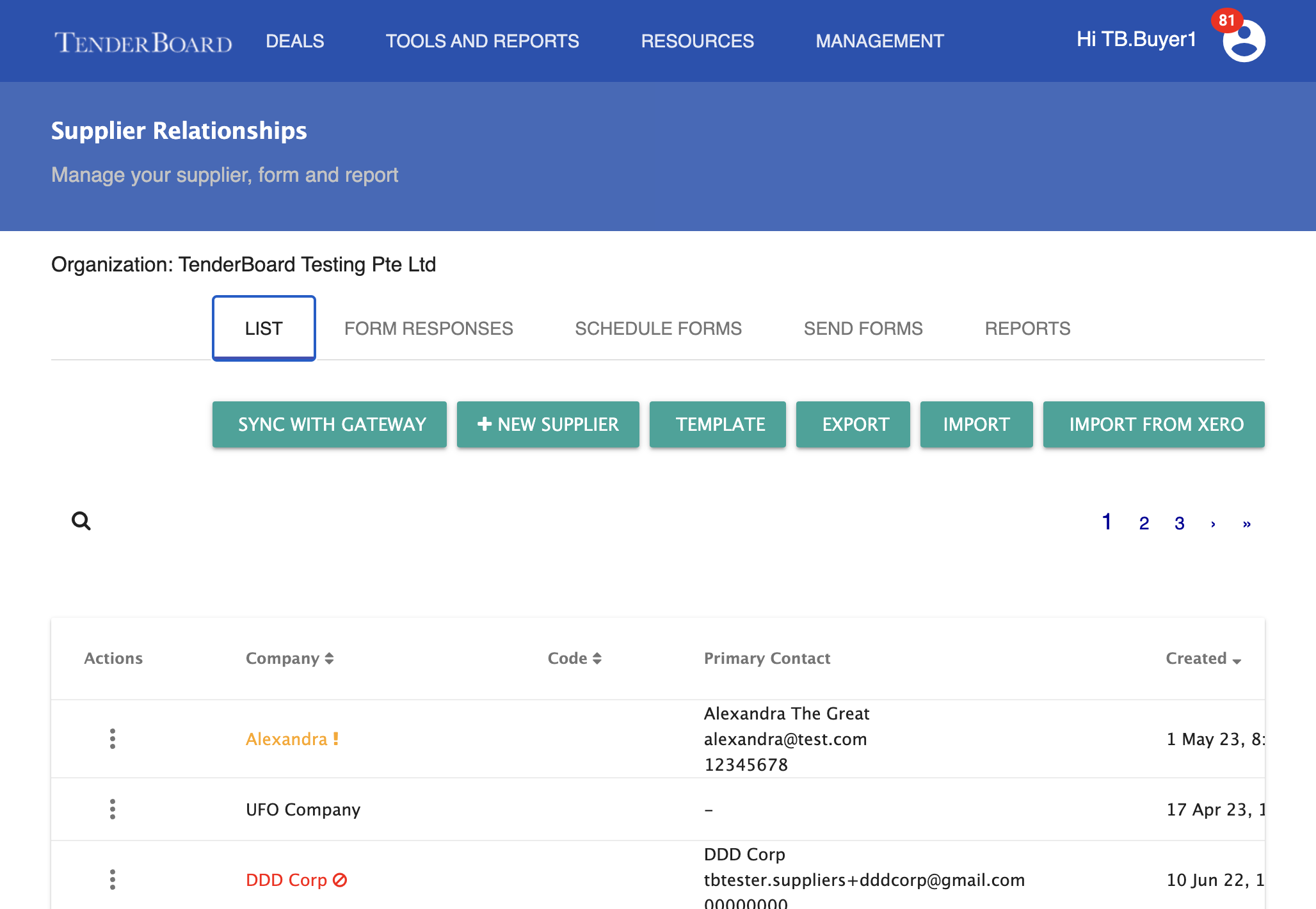 The list will show all suppliers the form is being sent out to