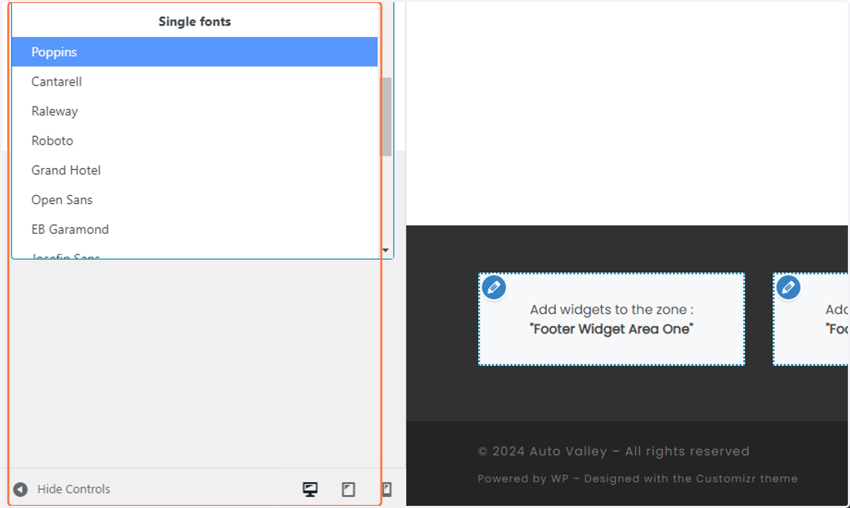 Return to the cusotomizer and select the corresponding font from the drop down menu
