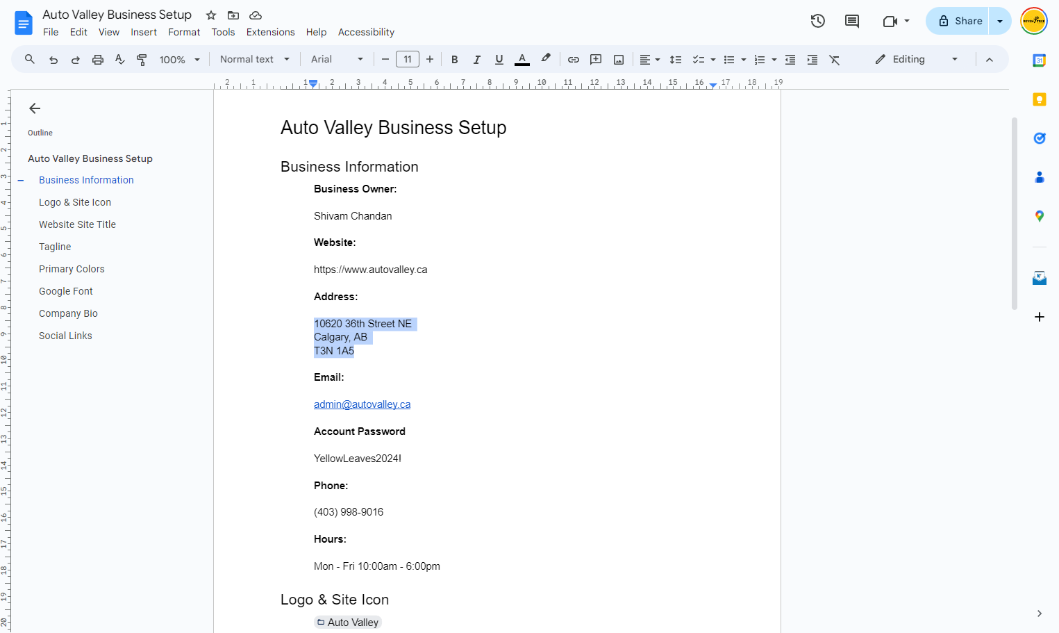Copy the phone number and business address