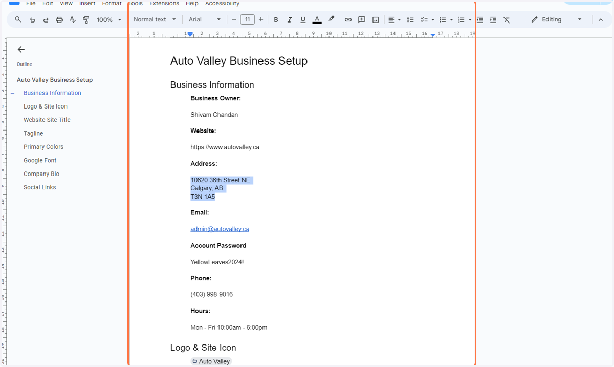 Copy the phone number and business address