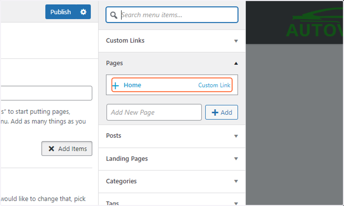 Click on Home to add it to the menu