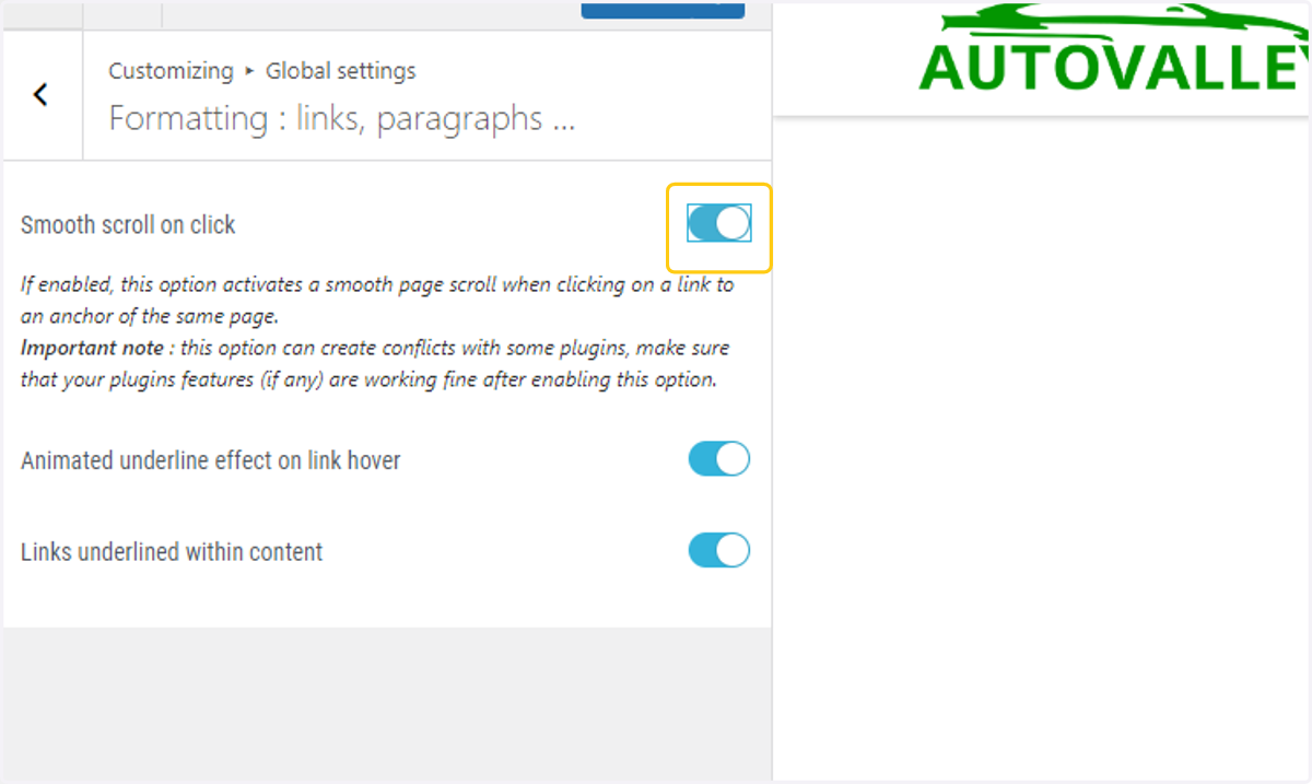 Toggle on the Smooth Scroll option