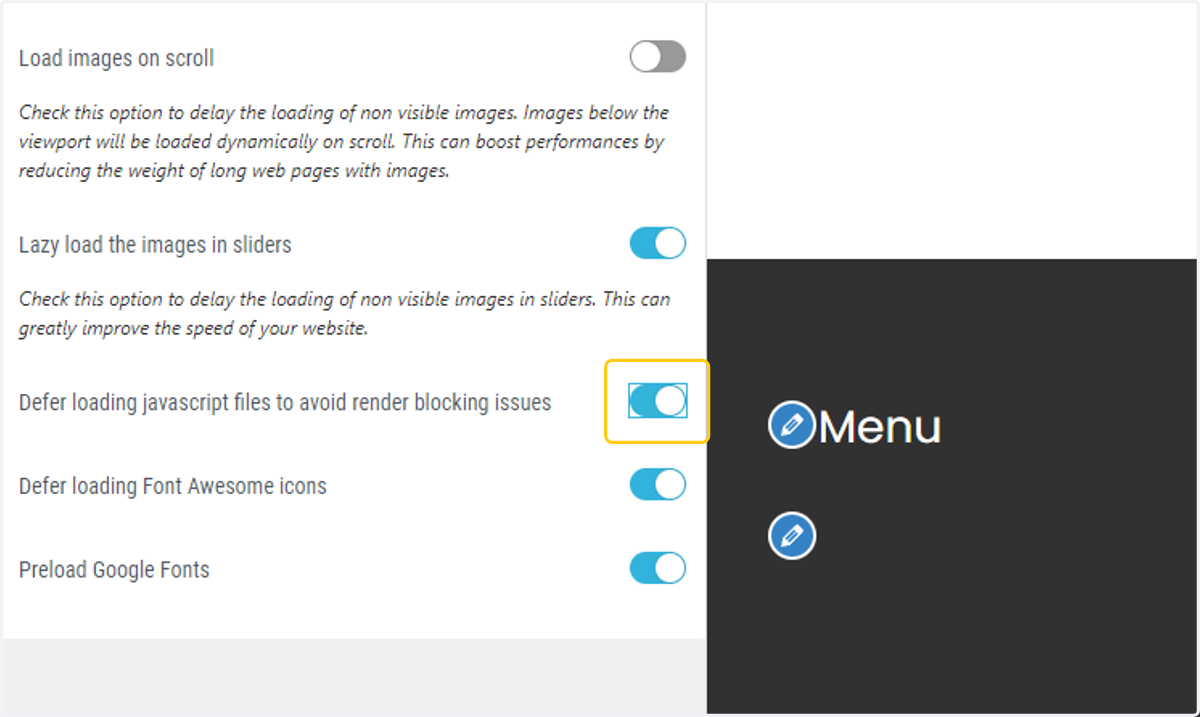 Toggle on the Defer loading javascript option