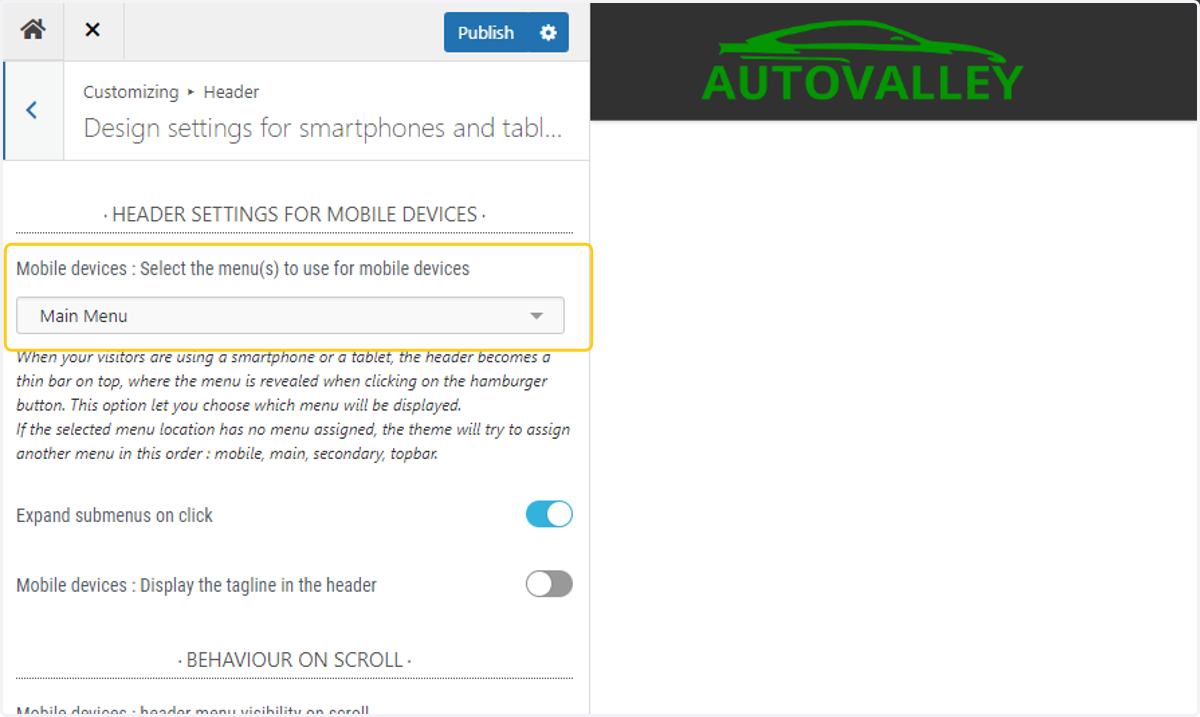 Change the Mobile Devices menu to the Main Menu option