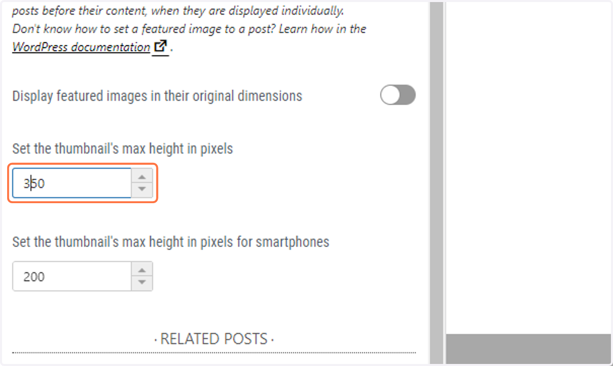 Set the featured image thumbnail size to 350px