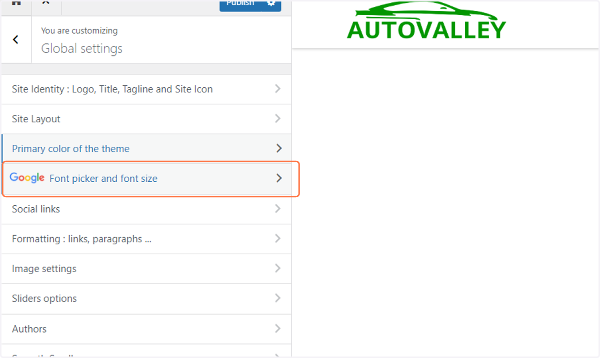 Click on Google Font picker and font size