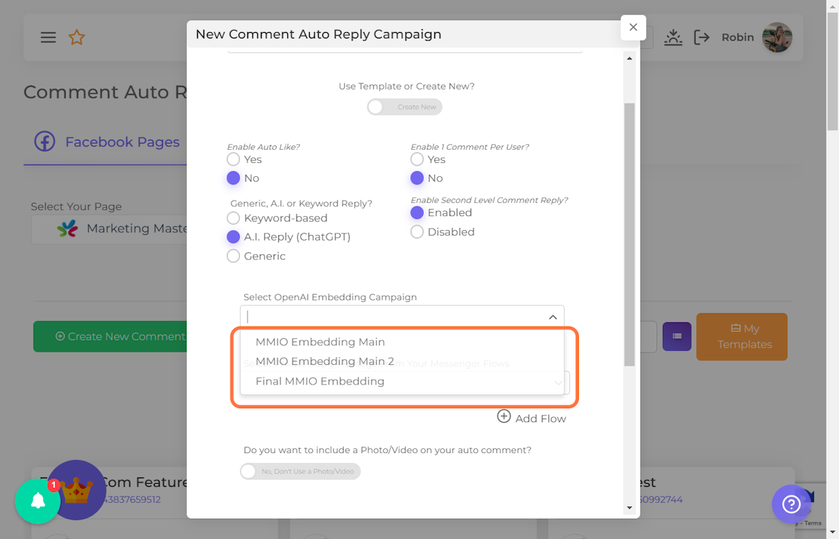 Select the AI Embedding Campaign you want to use.