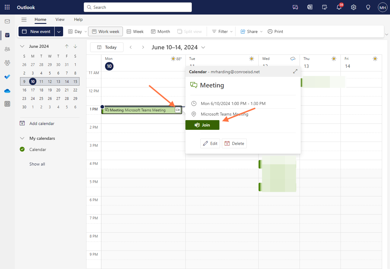 Click on Join Teams meeting or click the camera icon on the calendar event.