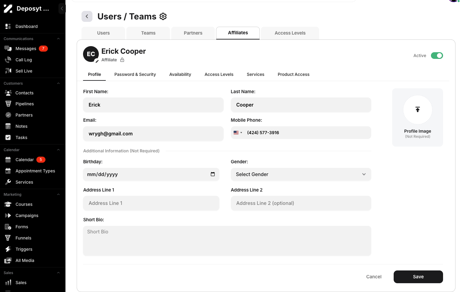 Step 6: From here, you can edit the user’s first name, last name, email, mobile phone, birthday, gender, address, and short bio. You can also change the profile picture here.