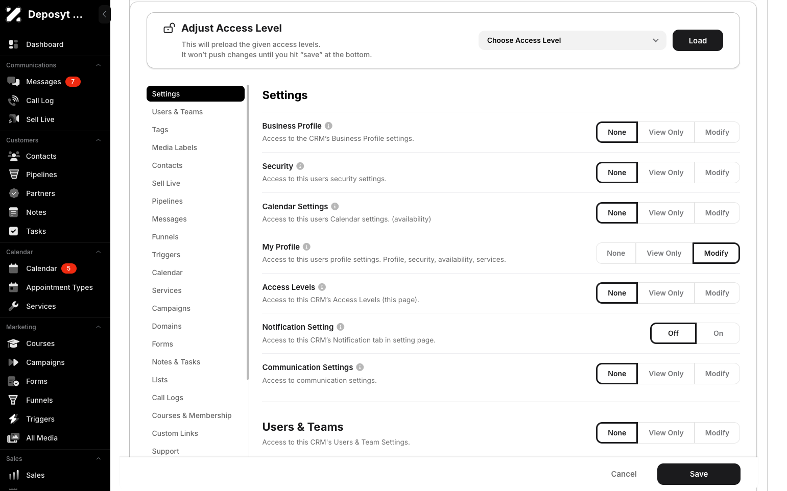 Step 9: Click on the Access Levels tab to manage or edit the user’s access level.