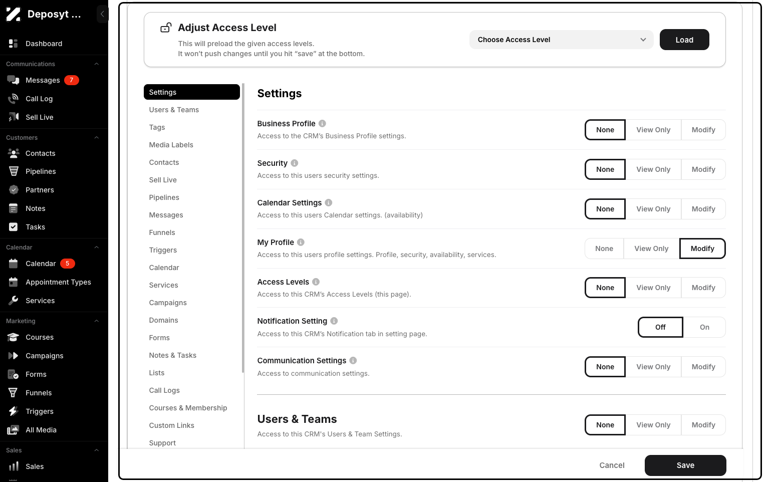 Step 9: Click on the Access Levels tab to manage or edit the user’s access level.