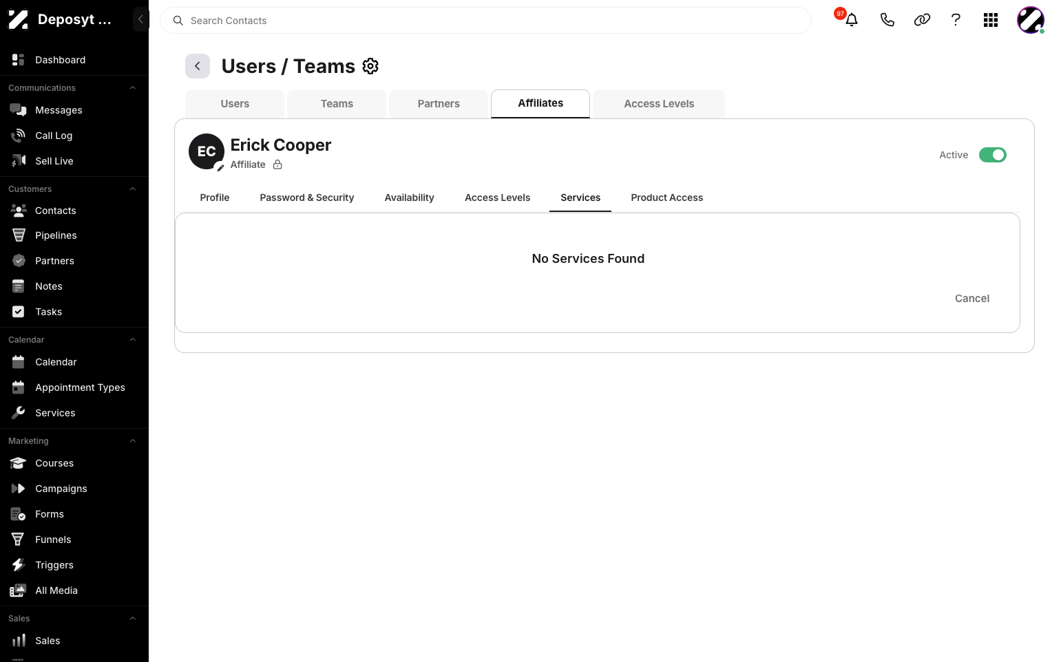 Step 10: Click the Services tab to view and manage the services the user has, if any.
