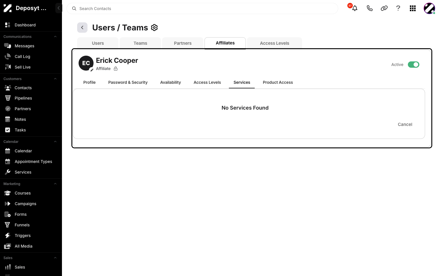 Step 10: Click the Services tab to view and manage the services the user has, if any.