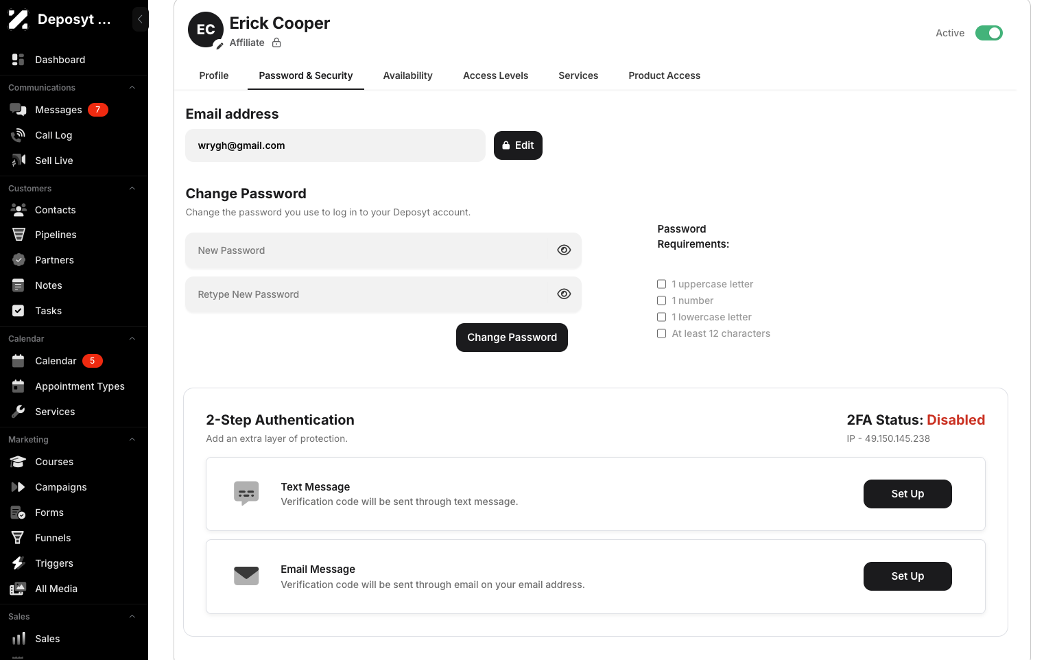 Step 7: Under Password & Security, you can edit the user’s email address and change their password. You can also set up two-step authentication.