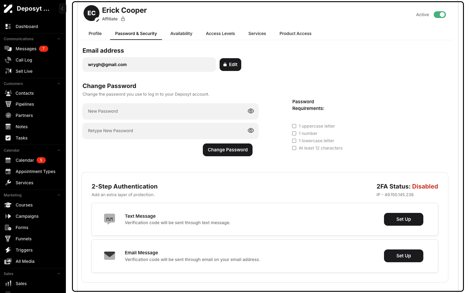 Step 7: Under Password & Security, you can edit the user’s email address and change their password. You can also set up two-step authentication.