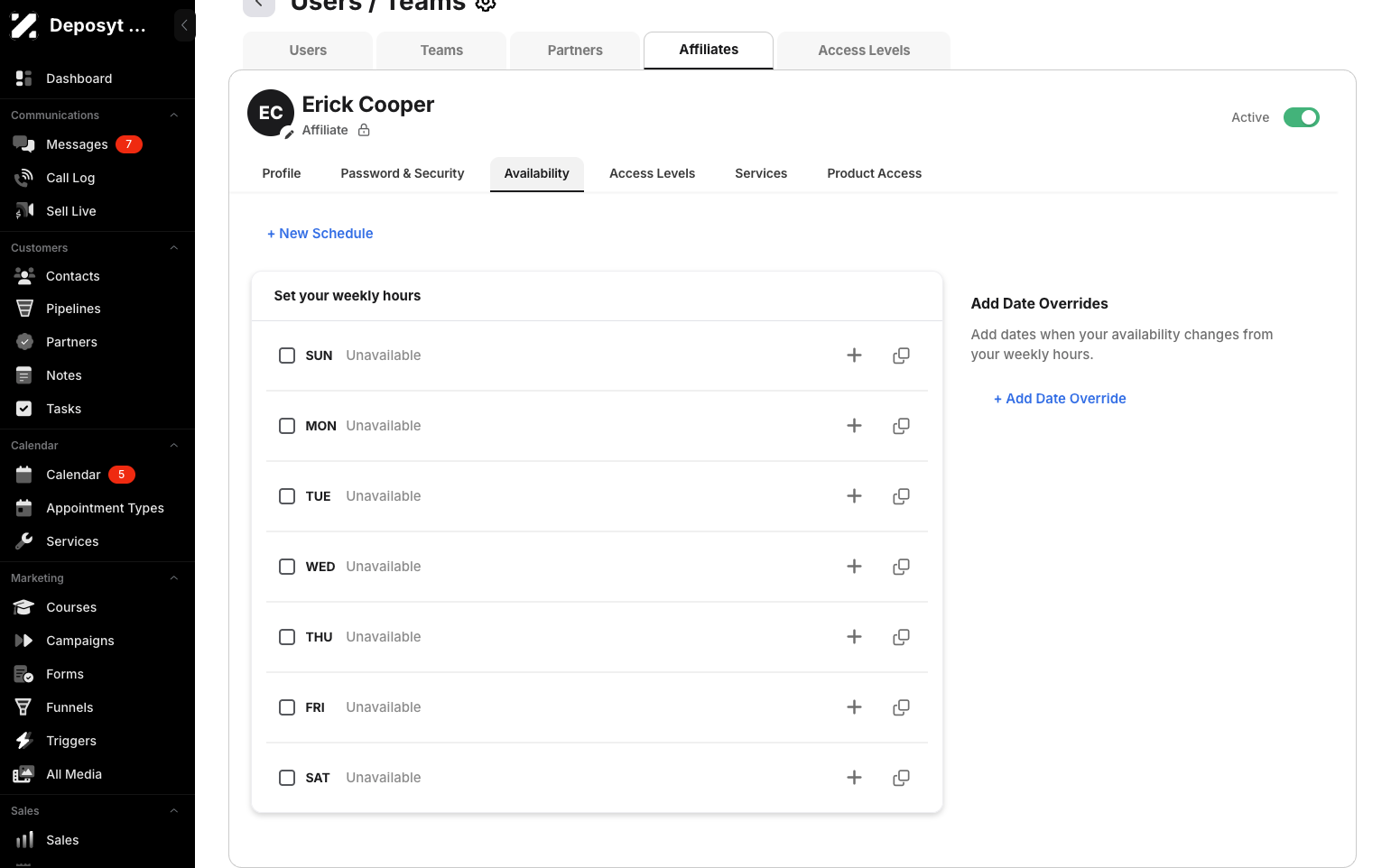 Step 8: Clicking the Availability tab allows you to manage your availability, such as creating a new schedule, editing an existing one, or adding a date override.