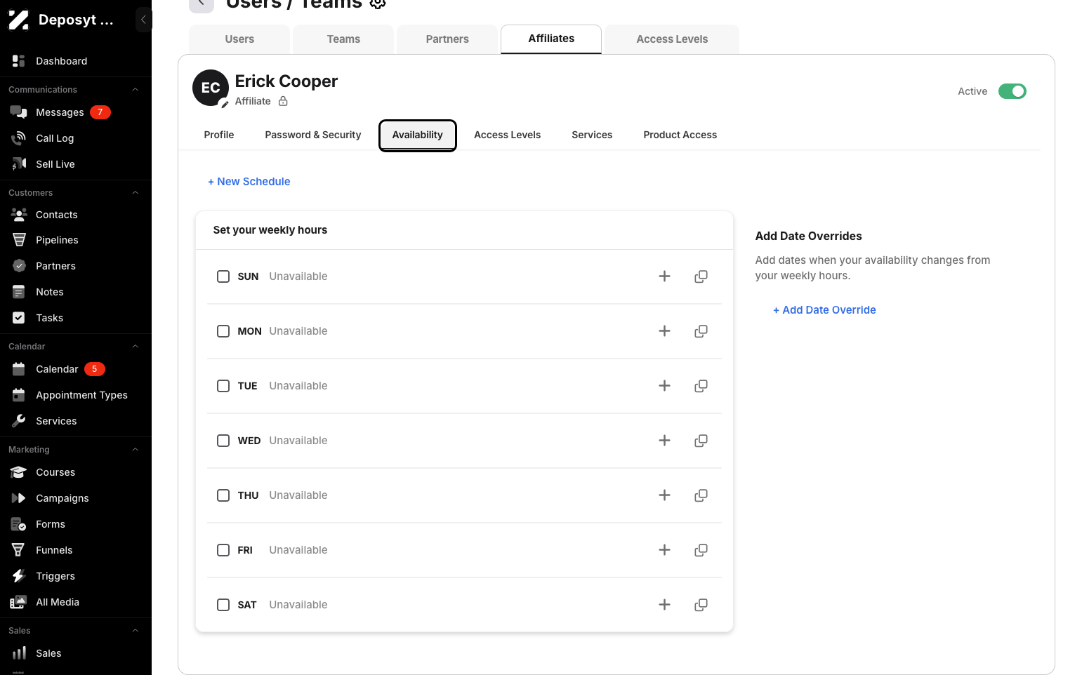 Step 8: Clicking the Availability tab allows you to manage your availability, such as creating a new schedule, editing an existing one, or adding a date override.