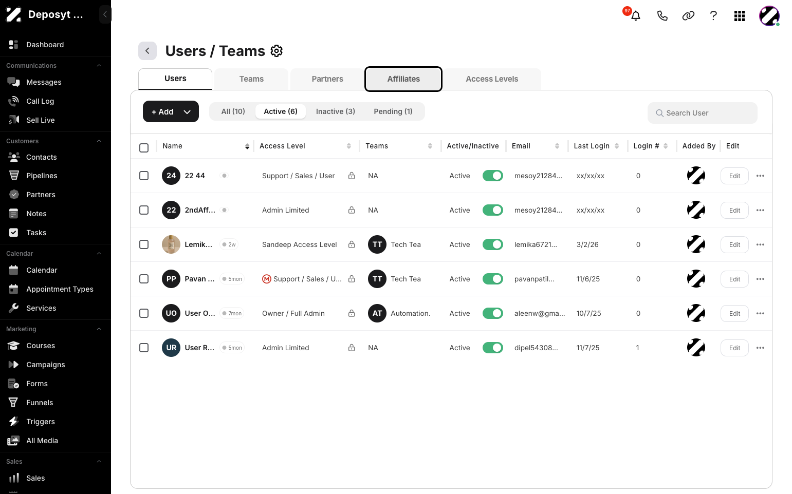 Step 4: Click on the Affiliates tab to view and manage the Affiliates section.