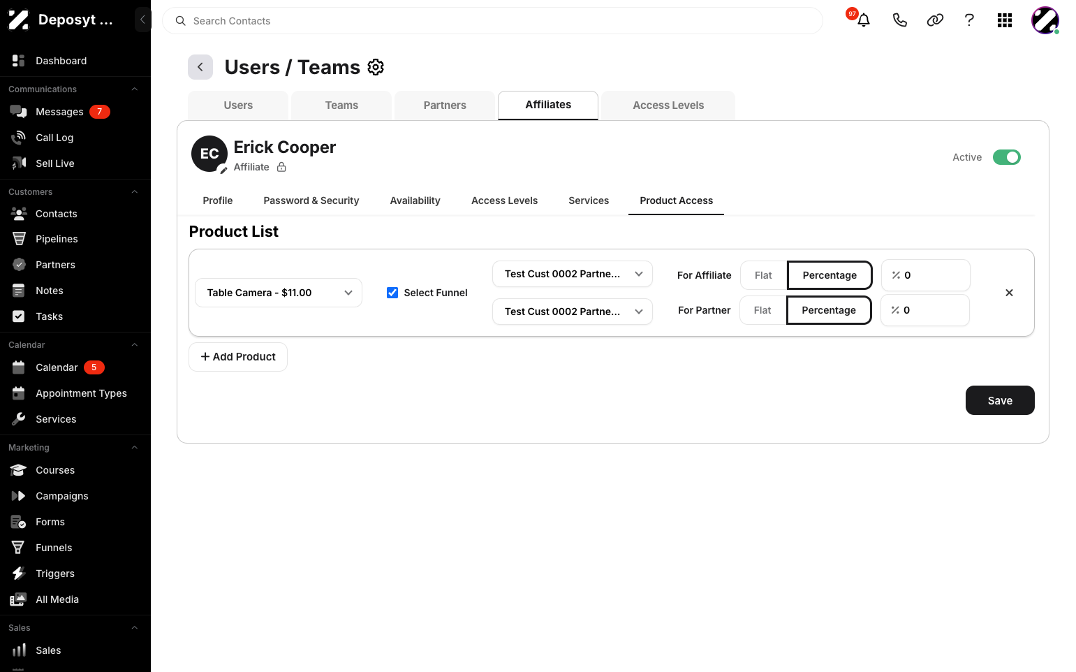 Step 11: Click the Product Access tab to view the products the user is connected to. From here, you can manage the product rate as Flat or Percentage, and set the rate itself.
