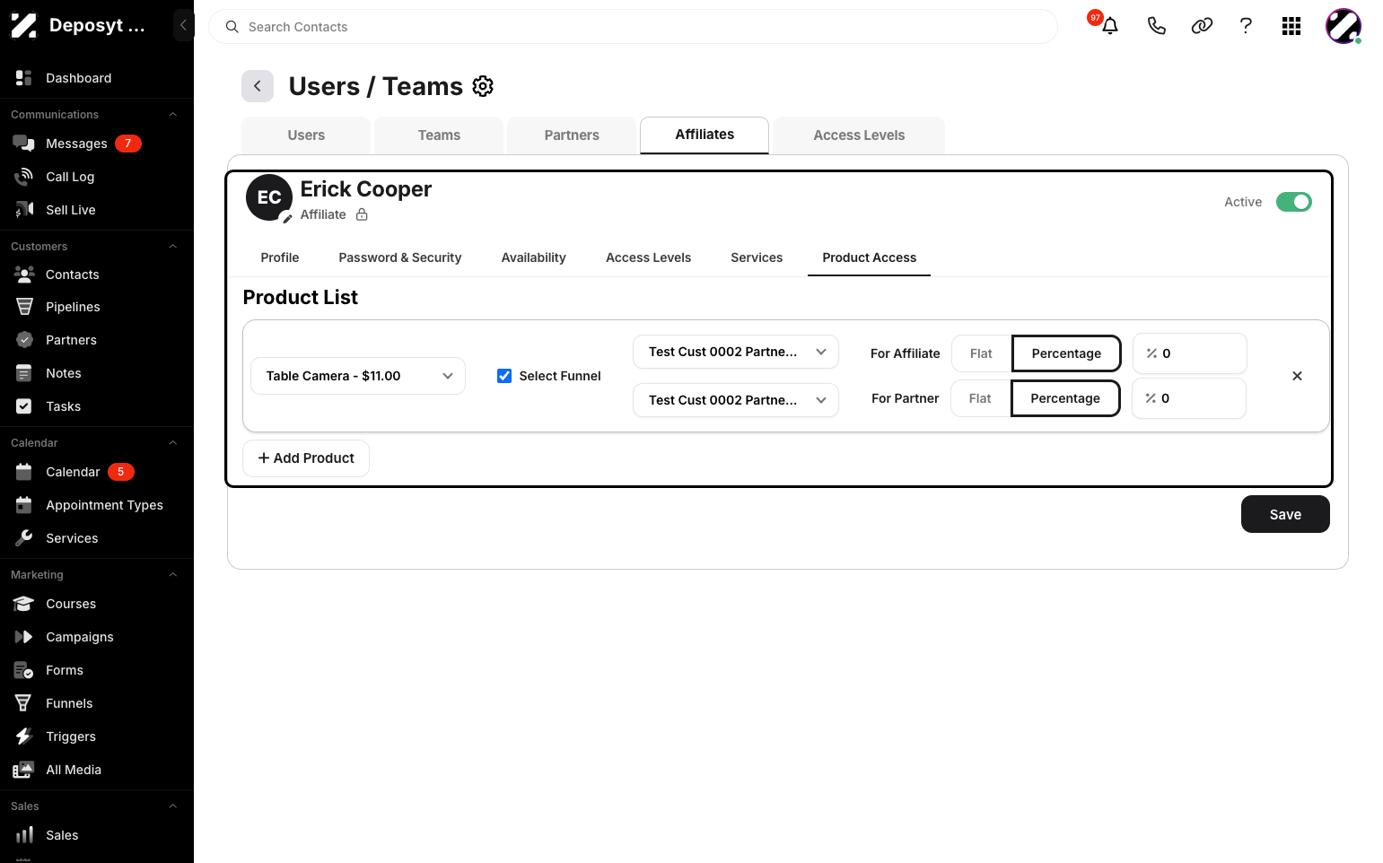 Step 11: Click the Product Access tab to view the products the user is connected to. From here, you can manage the product rate as Flat or Percentage, and set the rate itself.