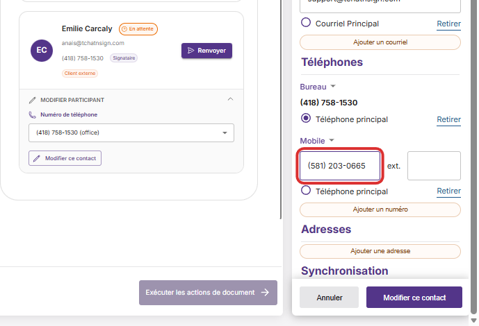 Click on Modifier ce contact