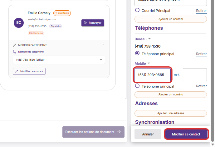 Click on Modifier ce contact