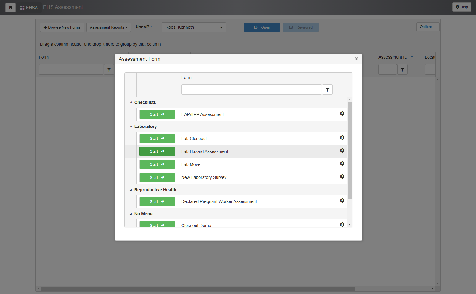 A new window will pop-up showing a list of available assessments. Select the Lab Hazard Assessment by clicking the green "Start" button in the left-most column near the "Lab Hazard Assessment" option.
