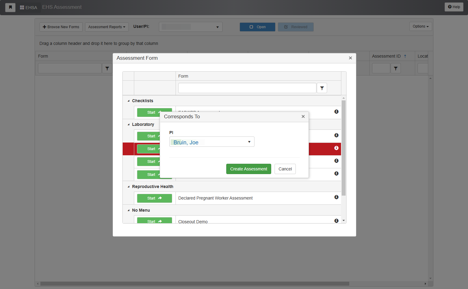 Make sure you have the correct account owner listed in the "PI" field and click on "Create Assessment."