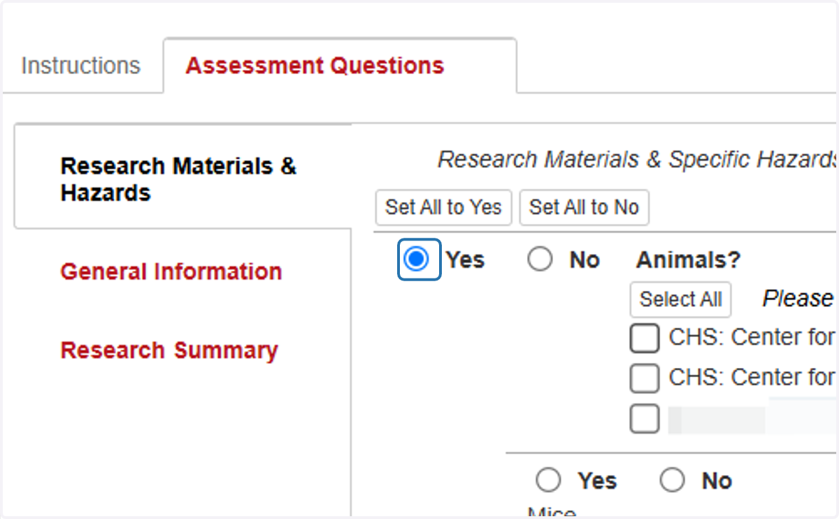 Answering "Yes" to some questions will prompt additional questions related to where certain materials will be handled to populate.