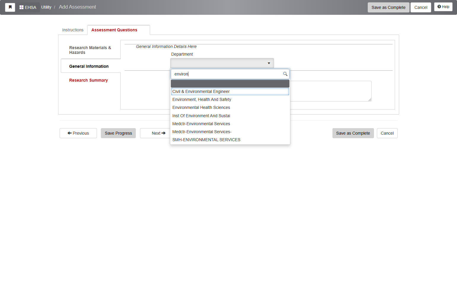 Select your department using the drop-down menu.