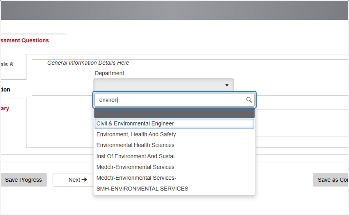 Select your department using the drop-down menu.