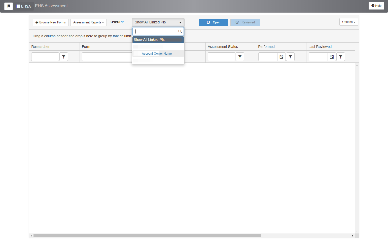 In the "User/PI" field select the account owner you wish to create an LHAT for.
