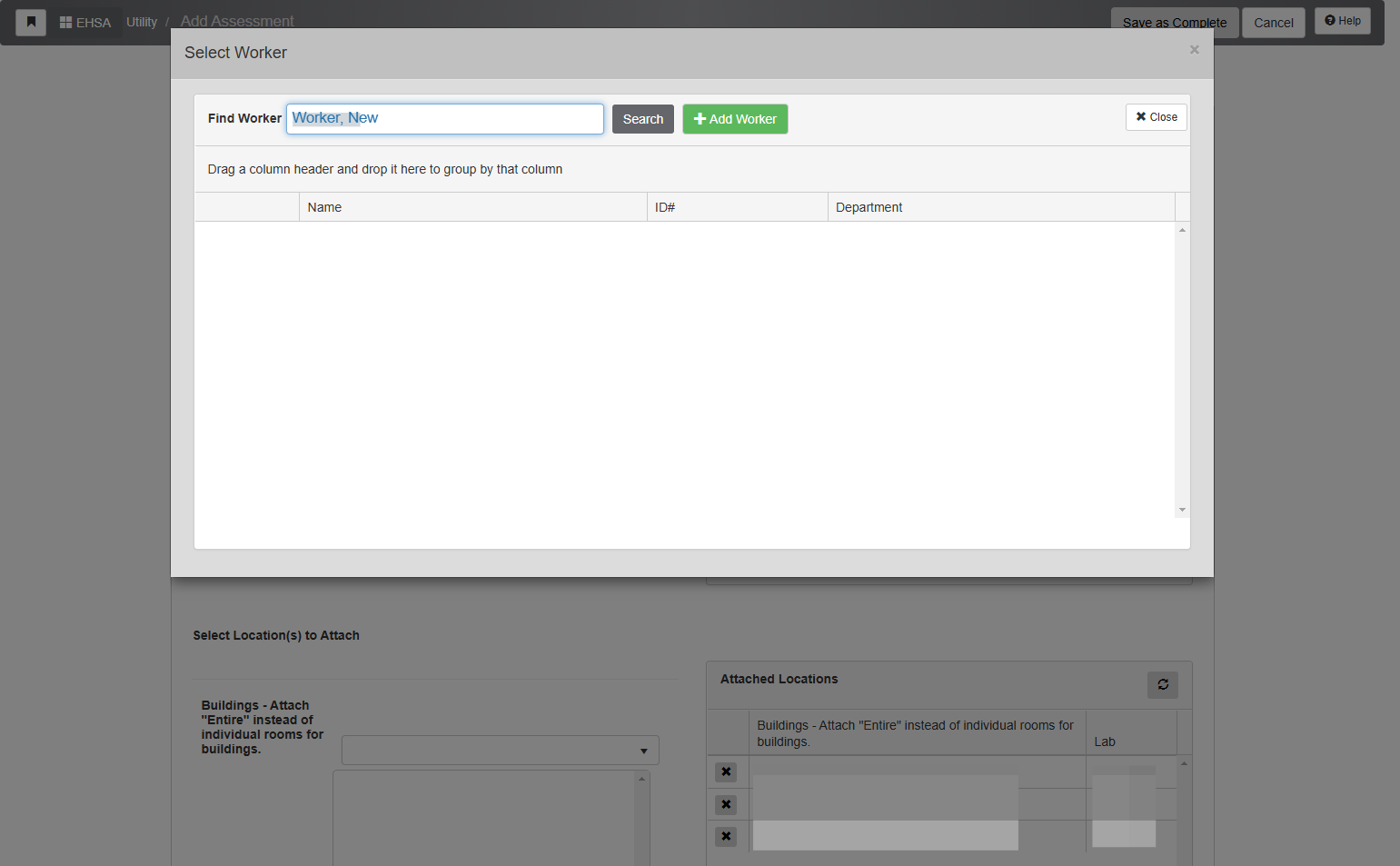 A select worker window will appear where you can search our database for the appropriate individual. We recommend searching by last name or by their UID. Once you have entered your search information into the "Find Worker" field click on the "Search"