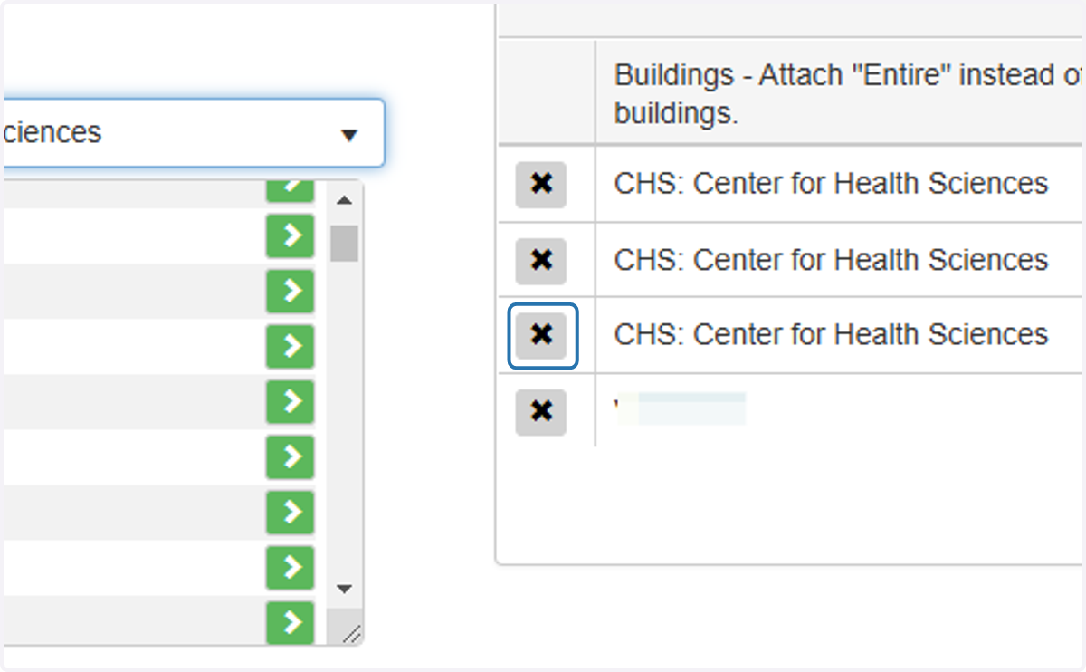 To remove a location from the LHAT simply click on the x button near the room you wish to remove.