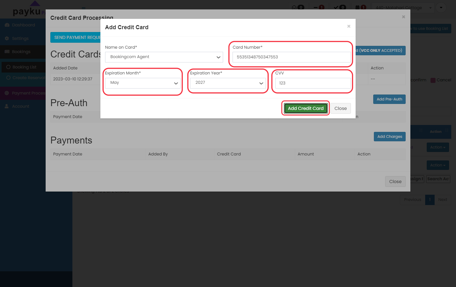 Input all the credit card details such as Card Number, Expired Month, Expired Year and the CVV. After all details is correct, click on "Add Credit Card" button