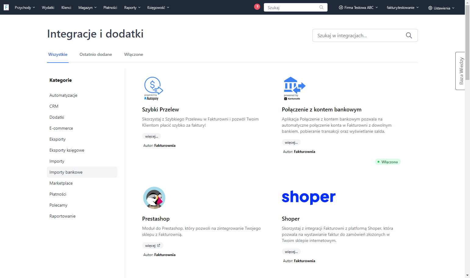 Z dostępnych kategorii wybierz 'Importy bankowe'.