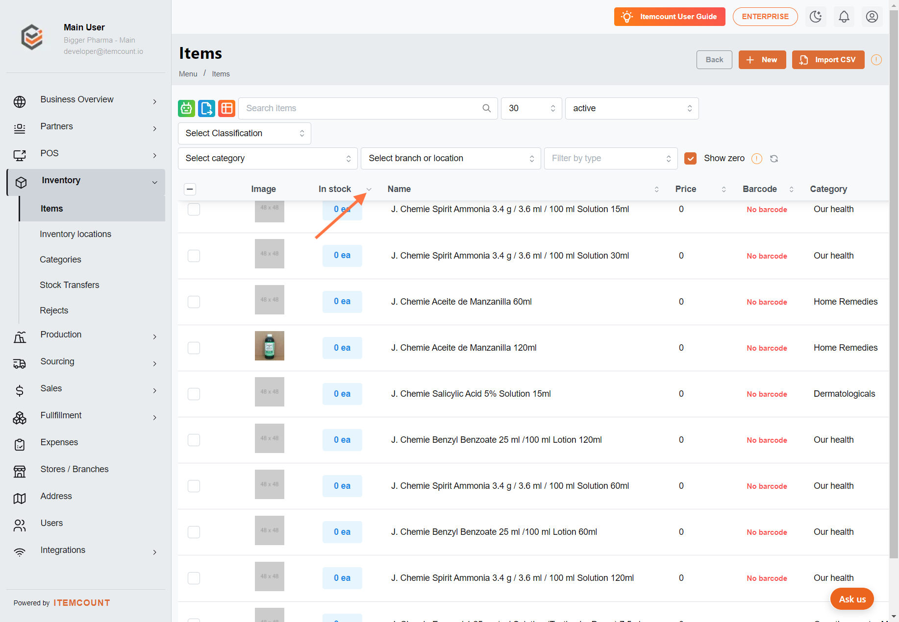 You can see items with 0 stocks by clicking show zero. By using the dropdown arrow, you may also arrange the items stocks in ascending and descending order.