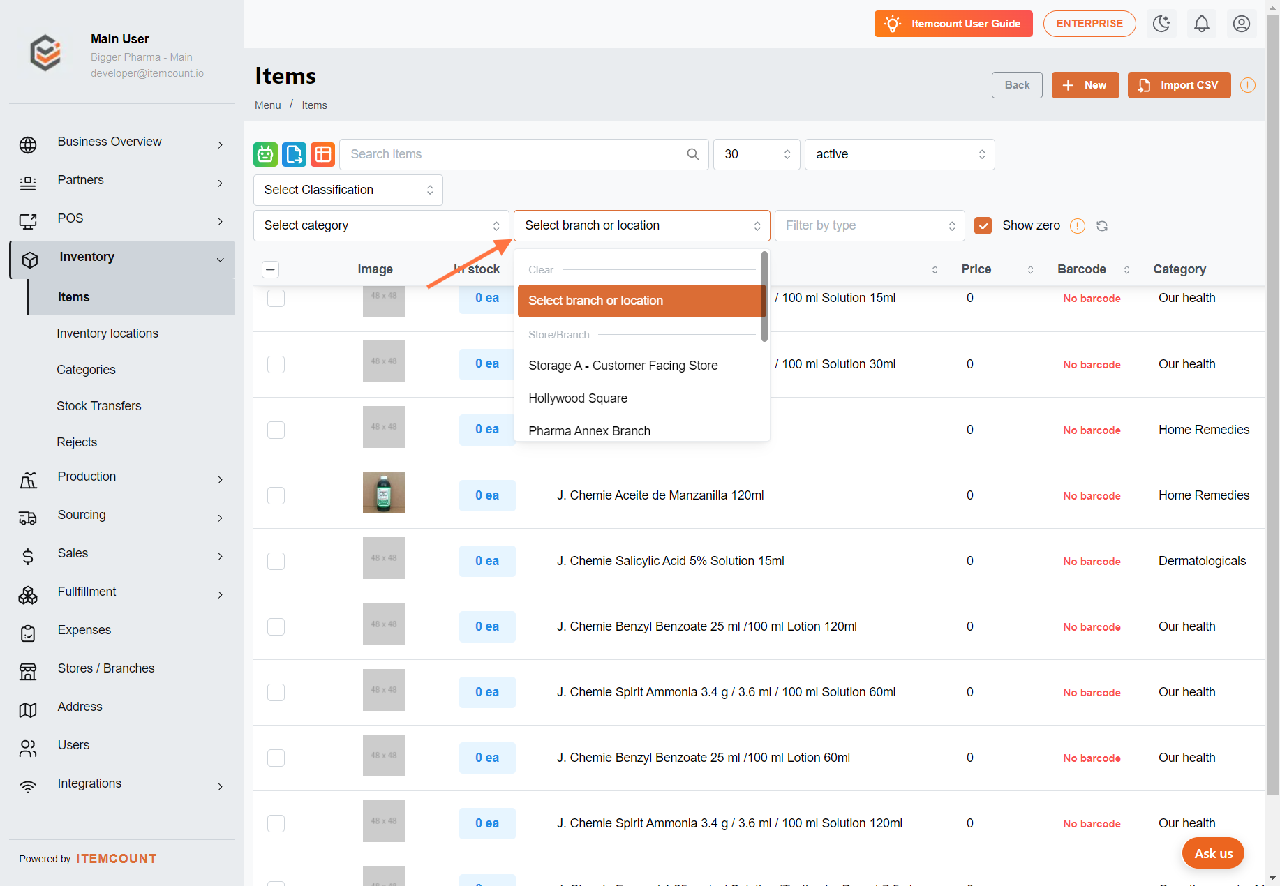 You can also filter items with 0 stock by location or branch.