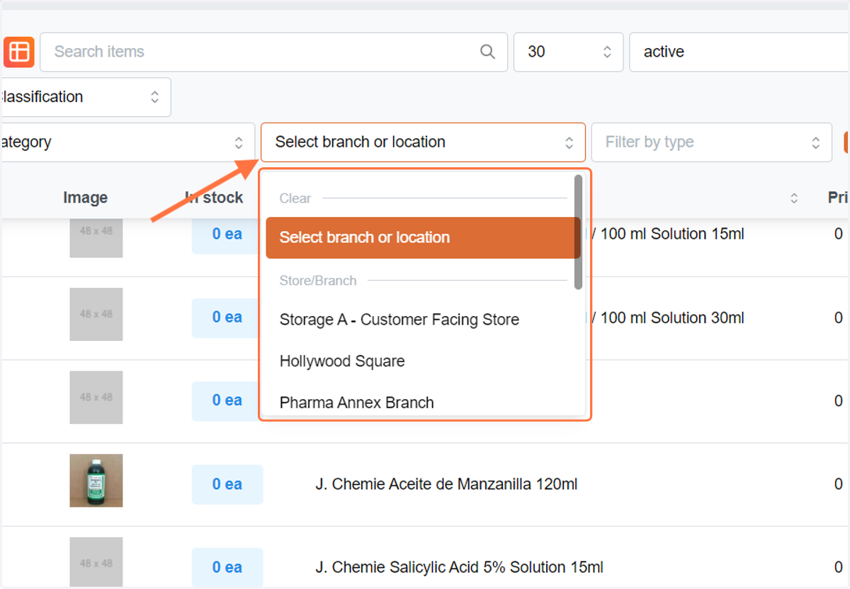 You can also filter items with 0 stock by location or branch.