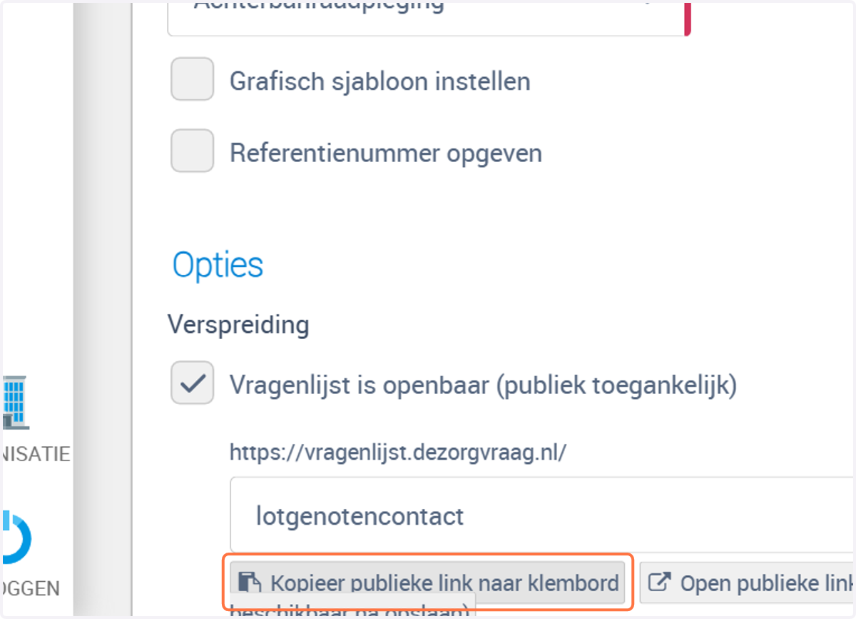 Scrol naar beneden naar verspreiding en klik op Kopieer publieke link naar klembord