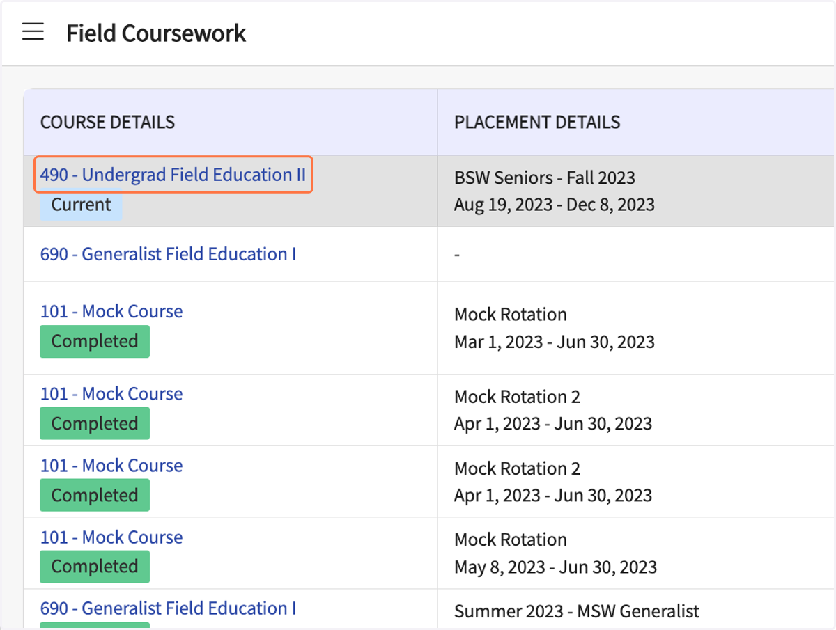 Click on the name of your Field course