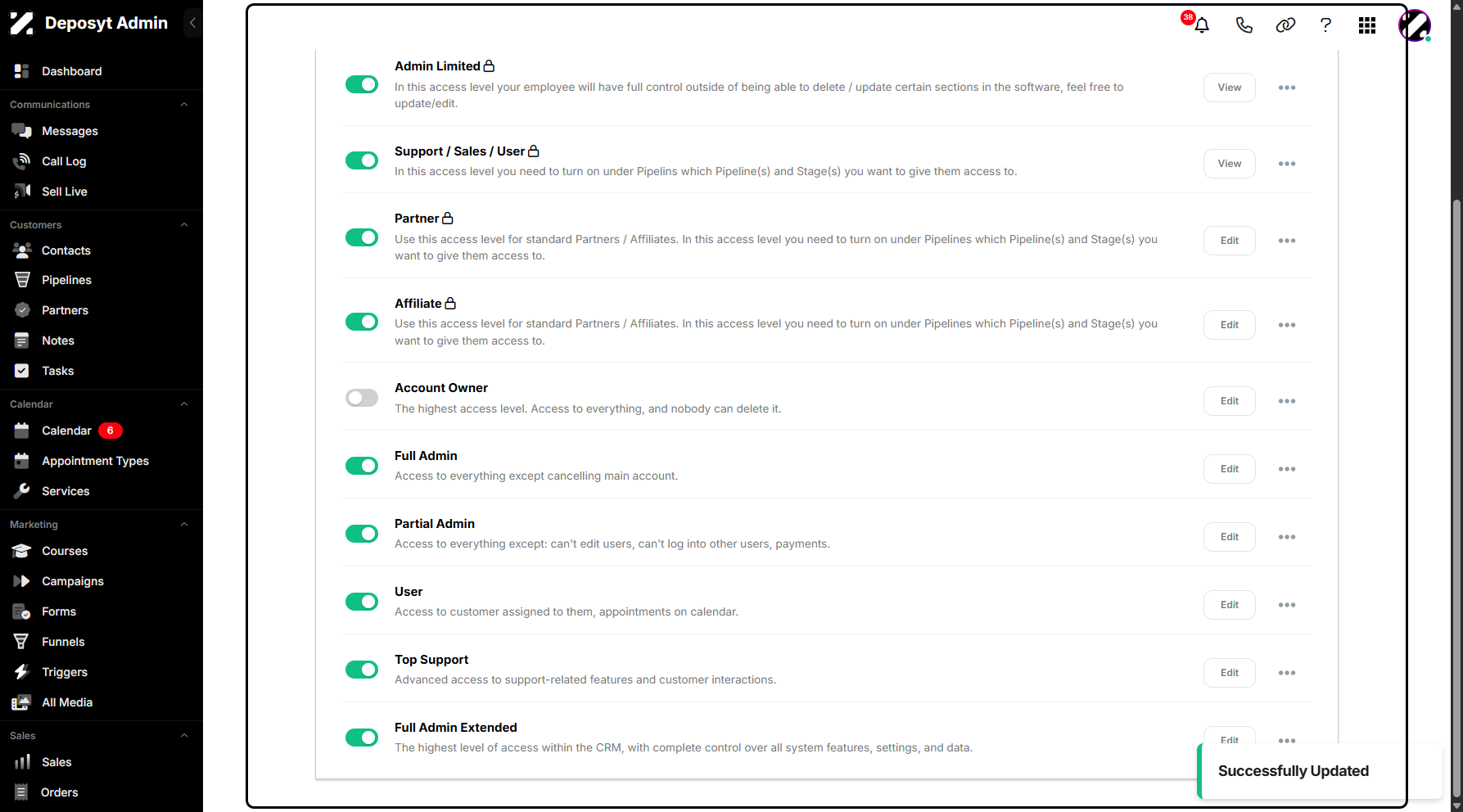Step 7: A pop-up notification will appear confirming that the action has been updated successfully.