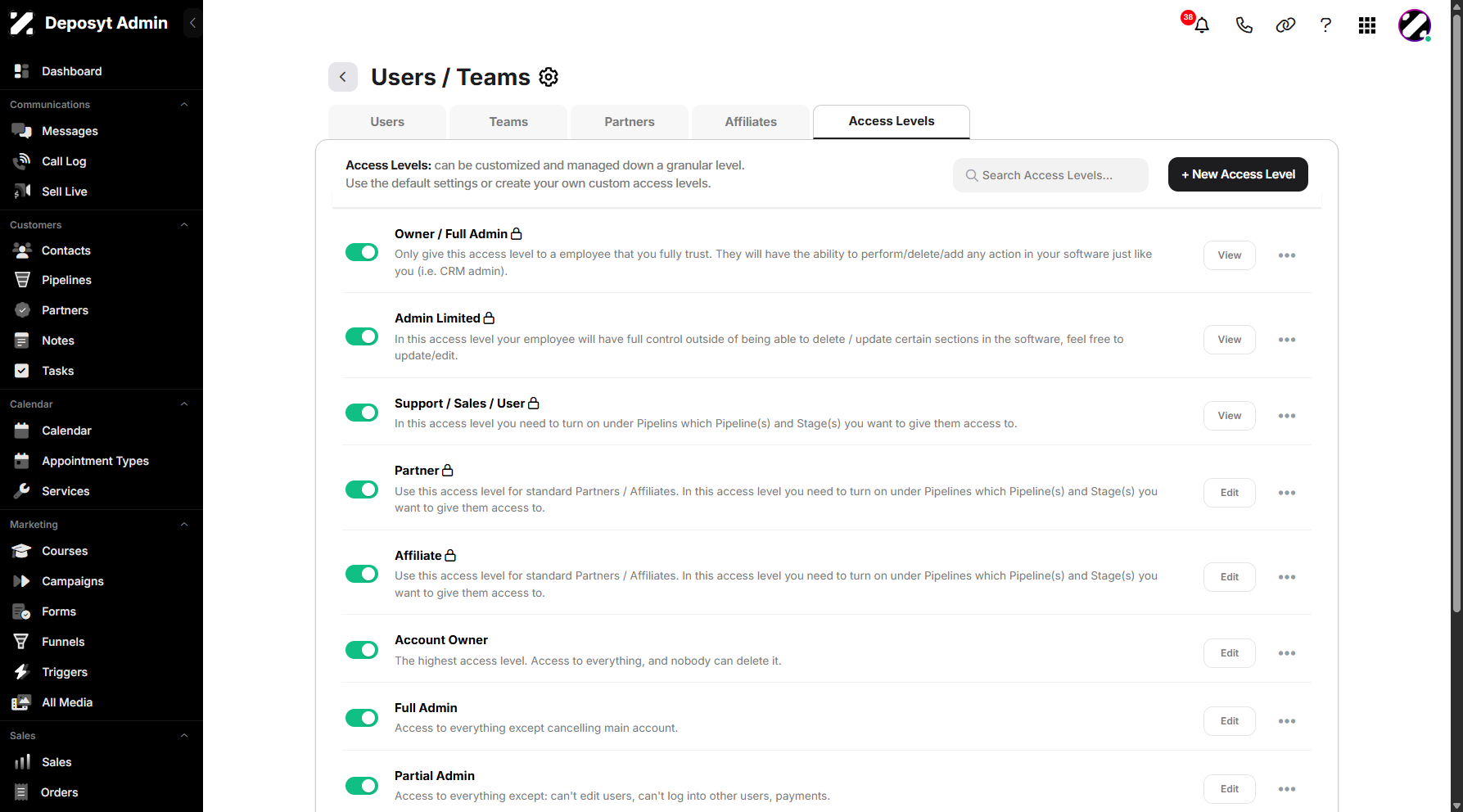 Step 5: You will be taken to the Users/Teams Access Levels tab.