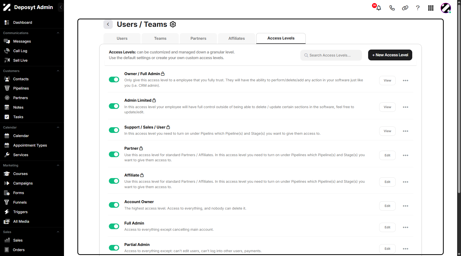 Step 5: You will be taken to the Users/Teams Access Levels tab.
