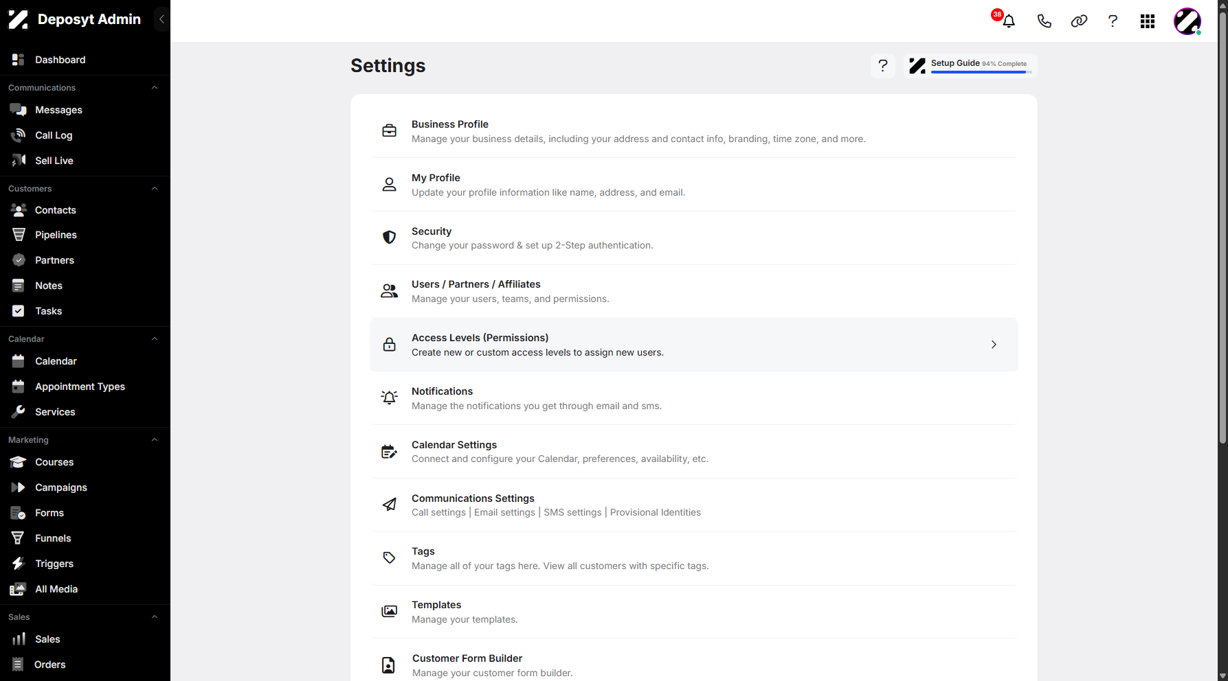 Step 4: Click on Access Levels (Permissions) to continue.