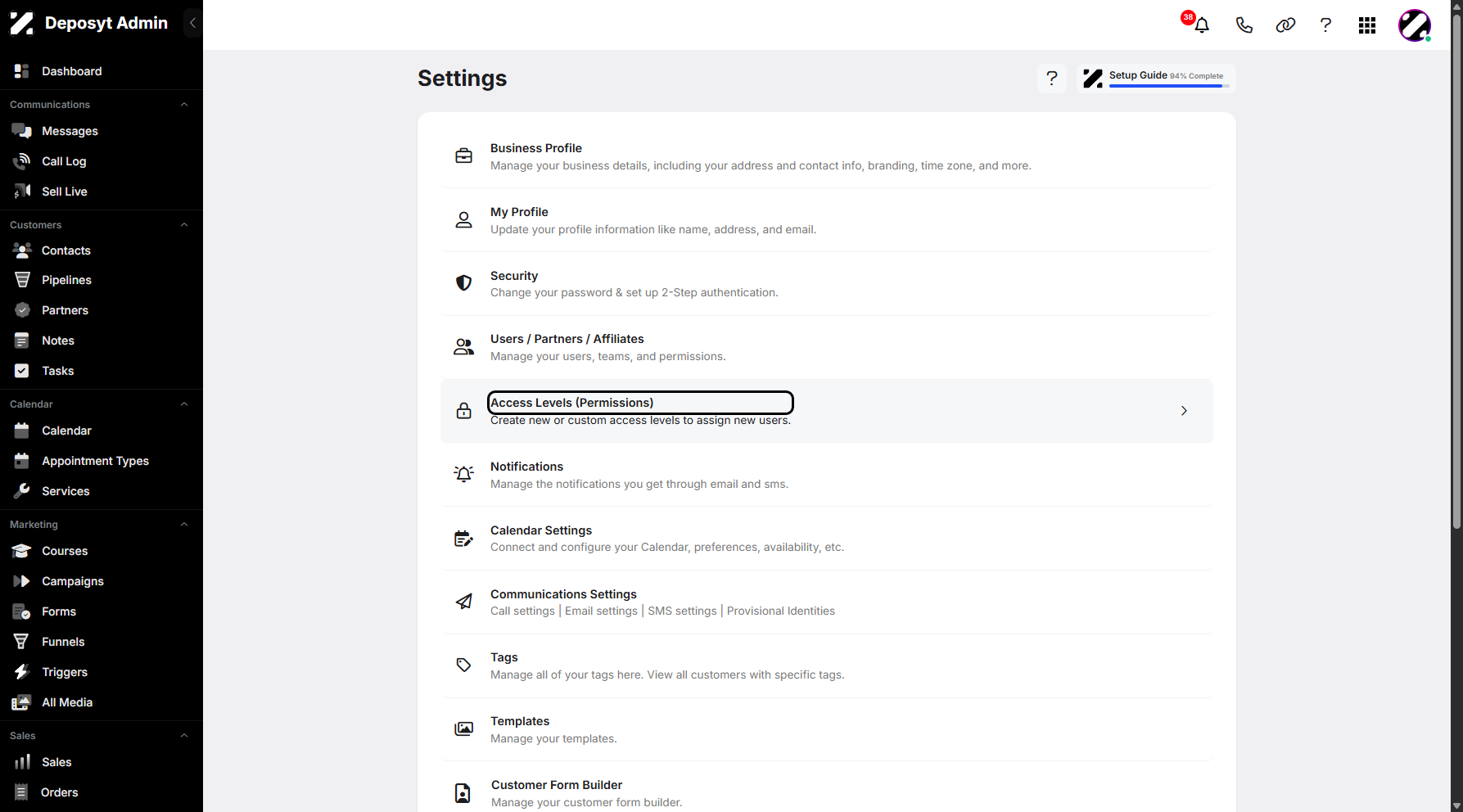 Step 4: Click on Access Levels (Permissions) to continue.