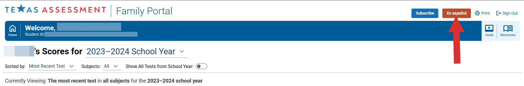 You will land on your State Assessment Dashboard | Family Portal, where you can see your student's recent scores and access previous year testing information, item reports, and much more. Translations are available!