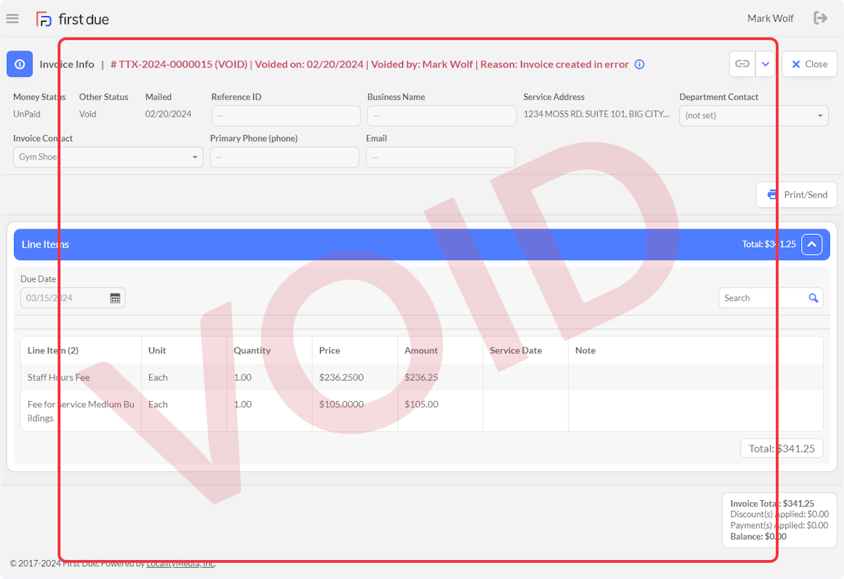 The Invoice will be marked in red text with that date, user that voided the invoice and the reason it was voided.